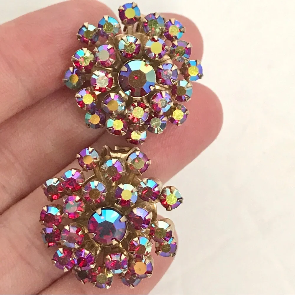 WEISS Vintage Rhinestone Ear Clips Red Designer